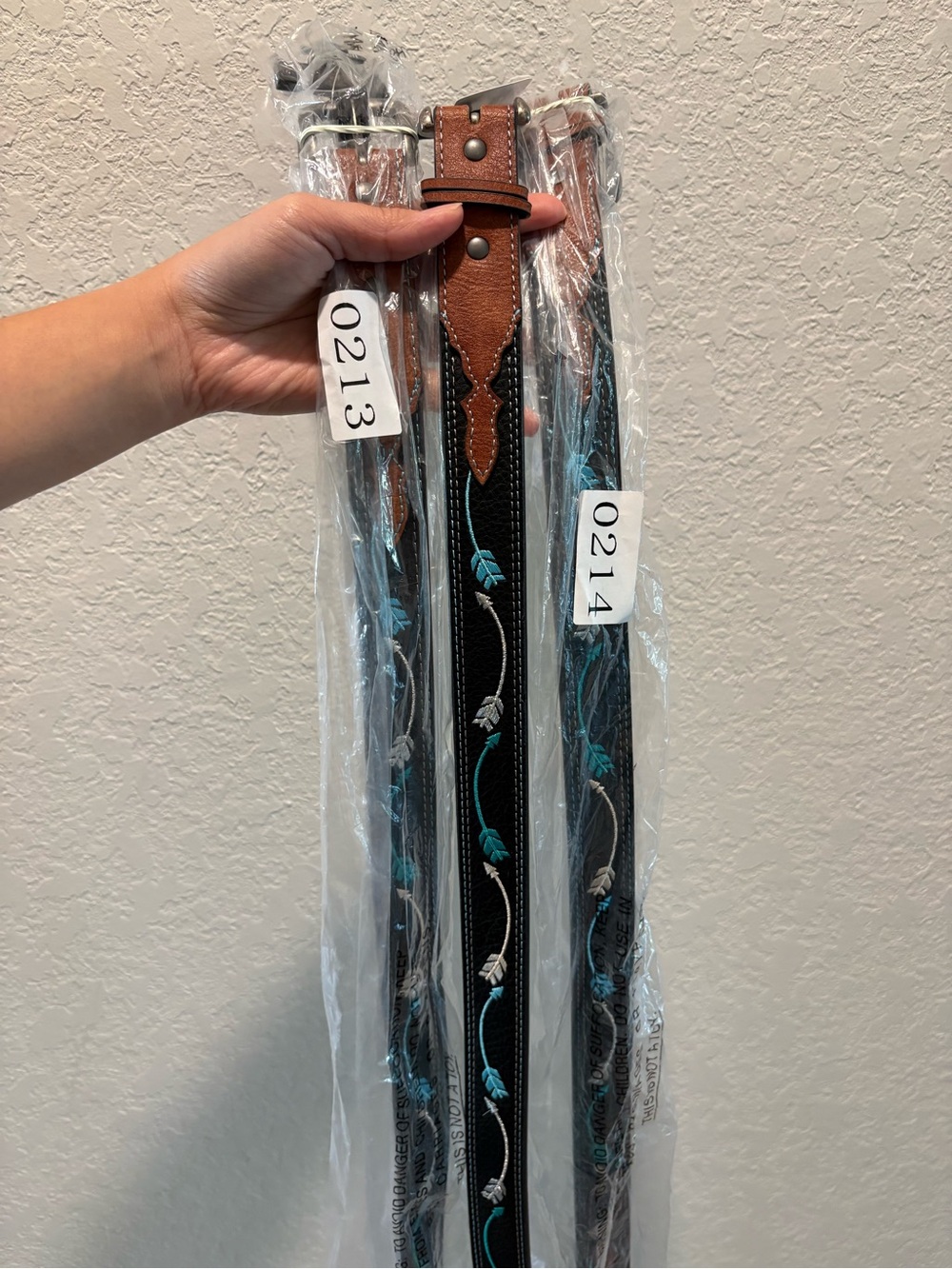 NWT Girls L (3pcs)Black Leather Belt with Turquoise & White Embroidered